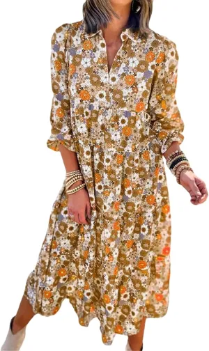 Women's Floral Maxi Dress Summer Boho V Neck Half Sleeve Ruffle Dresses A Line Flowy Beach Party Midi Dresses
