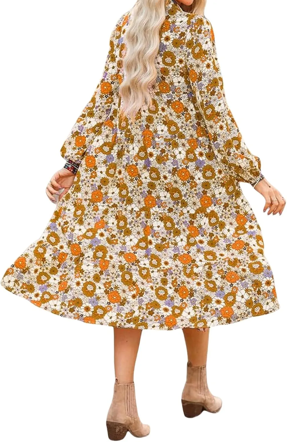 Women's Floral Maxi Dress Summer Boho V Neck Half Sleeve Ruffle Dresses A Line Flowy Beach Party Midi Dresses