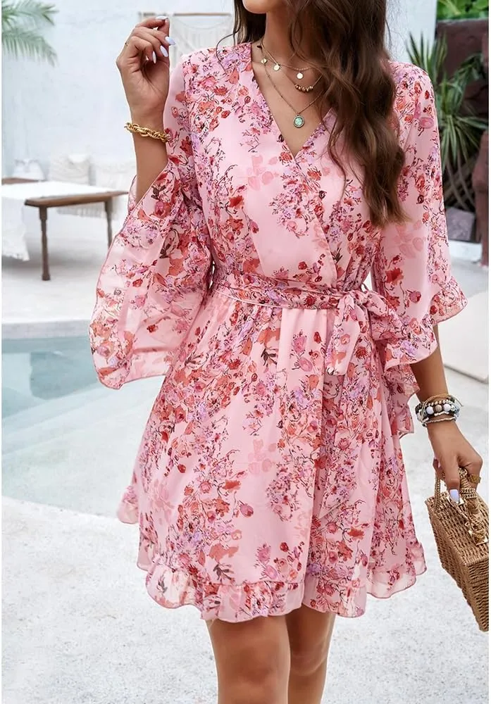 Womens Floral Mini Dress V Neck High Waist with Belt Short Flowy Dresses 3/4 Sleeve Ruffle Tiered Dress