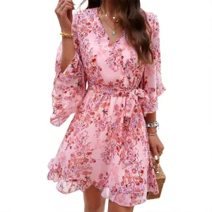 Womens Floral Mini Dress V Neck High Waist with Belt Short Flowy Dresses 3/4 Sleeve Ruffle Tiered Dress
