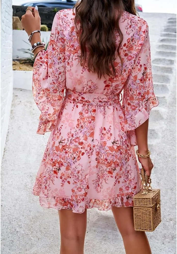 Womens Floral Mini Dress V Neck High Waist with Belt Short Flowy Dresses 3/4 Sleeve Ruffle Tiered Dress