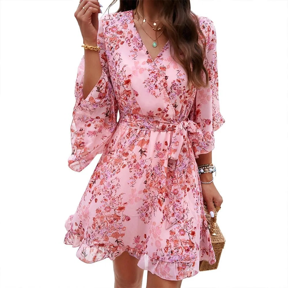 Womens Floral Mini Dress V Neck High Waist with Belt Short Flowy Dresses 3/4 Sleeve Ruffle Tiered Dress