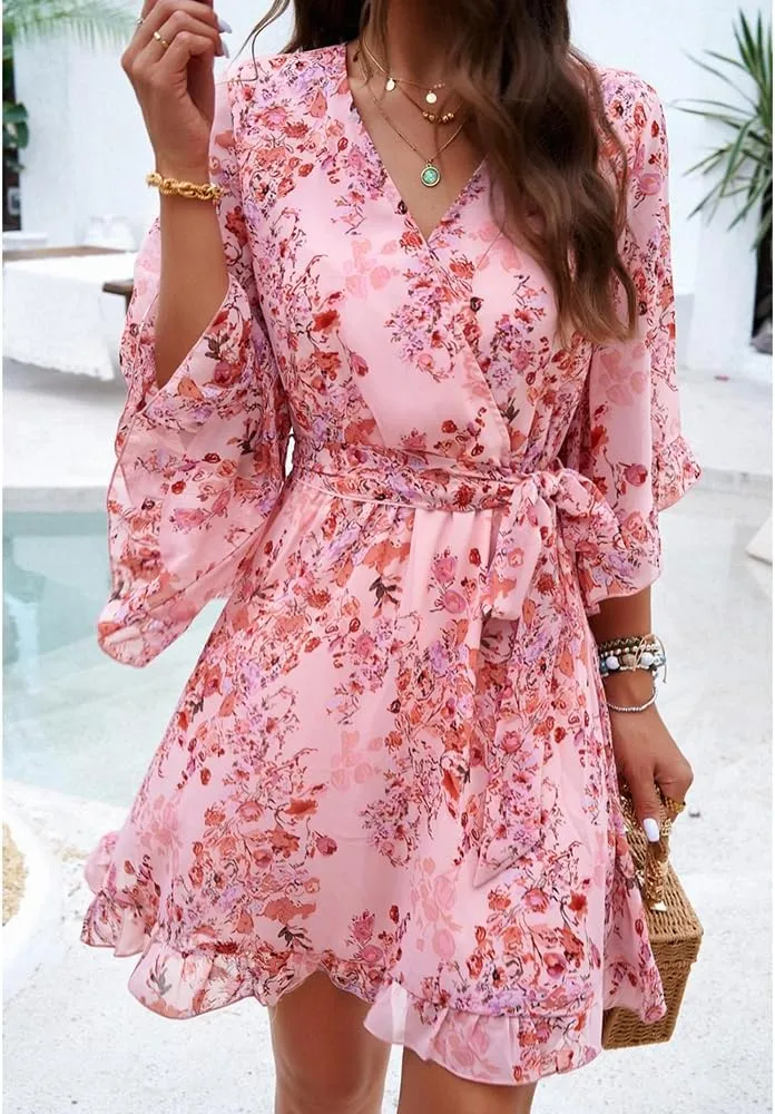 Womens Floral Mini Dress V Neck High Waist with Belt Short Flowy Dresses 3/4 Sleeve Ruffle Tiered Dress