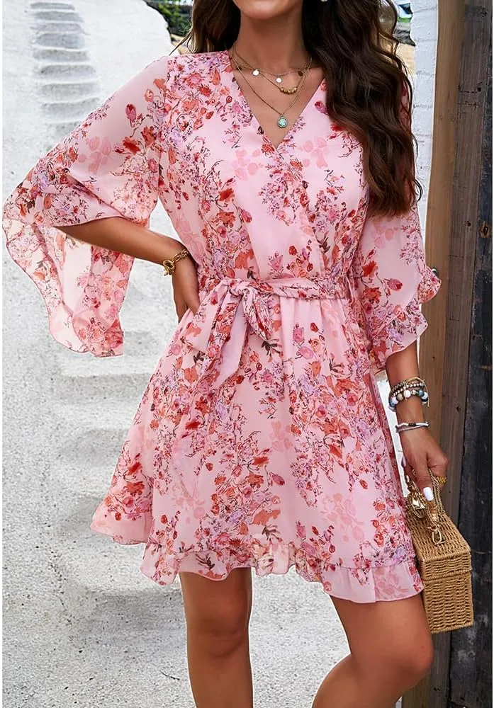 Womens Floral Mini Dress V Neck High Waist with Belt Short Flowy Dresses 3/4 Sleeve Ruffle Tiered Dress