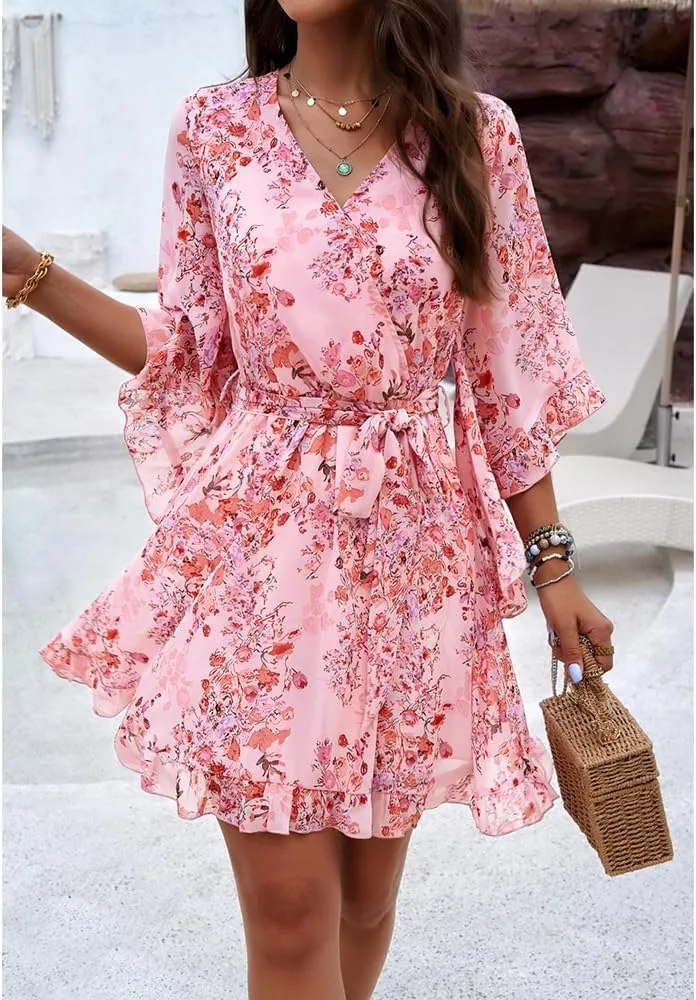 Womens Floral Mini Dress V Neck High Waist with Belt Short Flowy Dresses 3/4 Sleeve Ruffle Tiered Dress