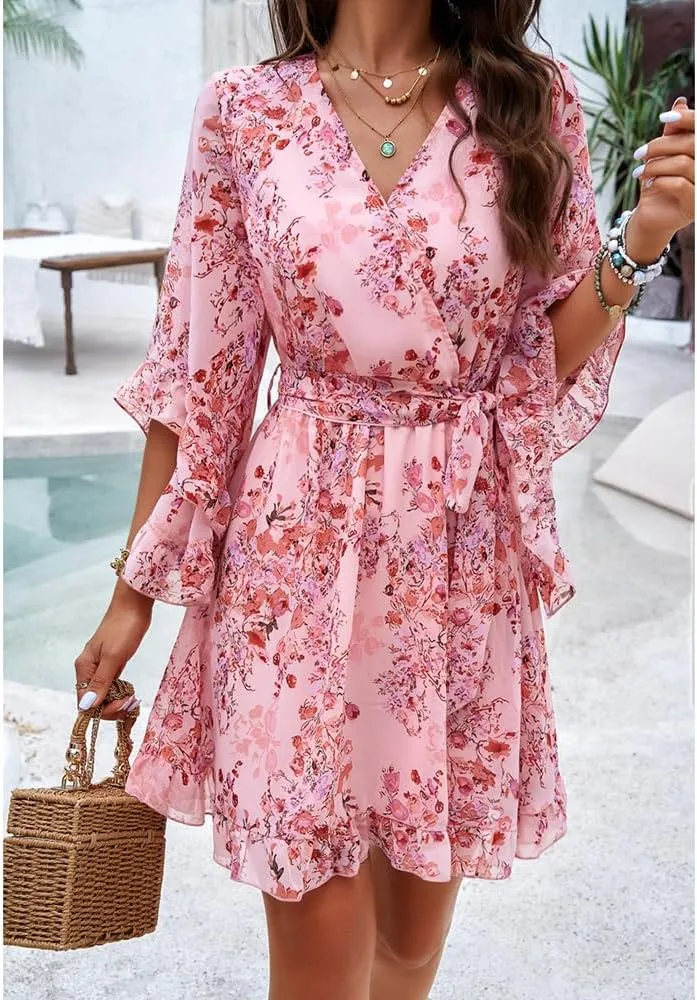 Womens Floral Mini Dress V Neck High Waist with Belt Short Flowy Dresses 3/4 Sleeve Ruffle Tiered Dress