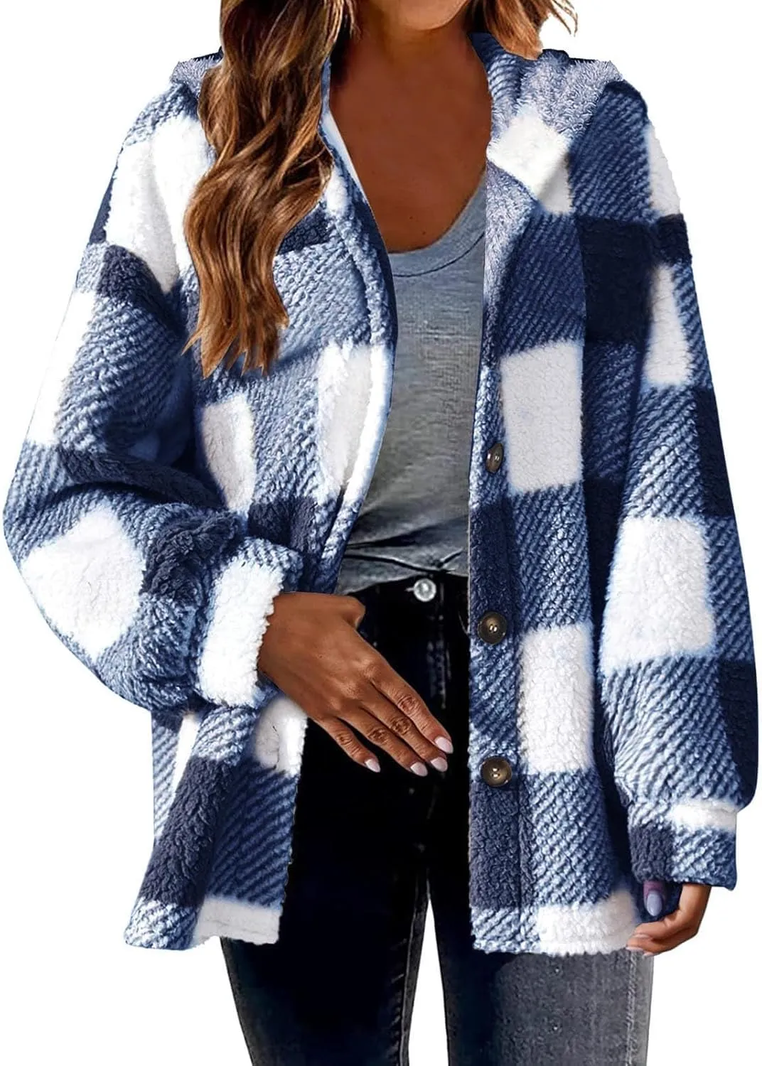Womens Fuzzy Flannel Jacket Fall Fashion Sherpa Lined Plaid Shacket Long Sleeve Button Down Fleece Plush Hoodies