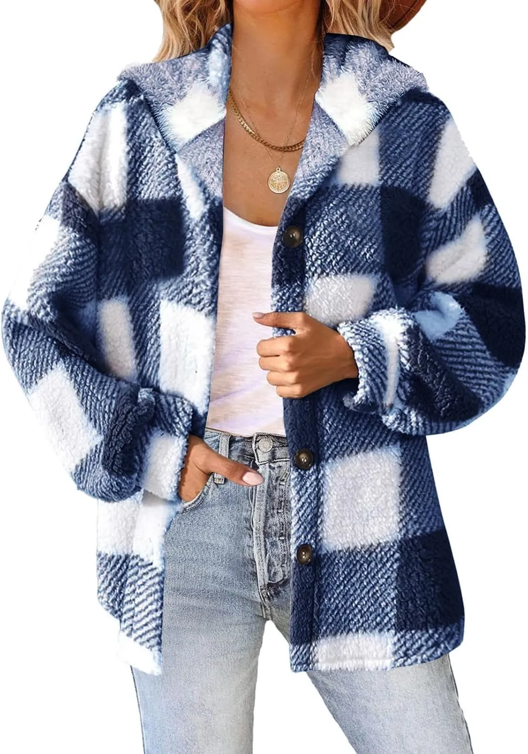 Womens Fuzzy Flannel Jacket Fall Fashion Sherpa Lined Plaid Shacket Long Sleeve Button Down Fleece Plush Hoodies