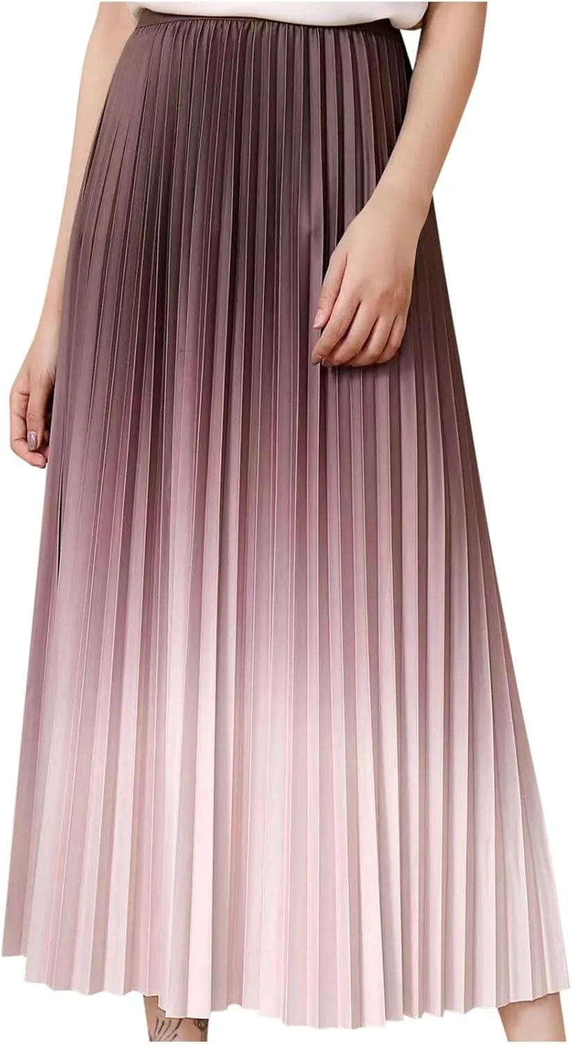 Womens Gradient Pleated Skirts A-Line Midi Skirts Trendy Casual High Elastic Waist Swing Skirt Slim A-Line Long Skirts