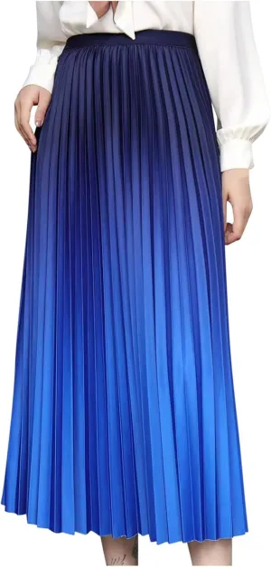 Womens Gradient Pleated Skirts A-Line Midi Skirts Trendy Casual High Elastic Waist Swing Skirt Slim A-Line Long Skirts