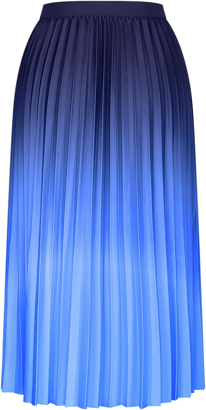 Womens Gradient Pleated Skirts A-Line Midi Skirts Trendy Casual High Elastic Waist Swing Skirt Slim A-Line Long Skirts