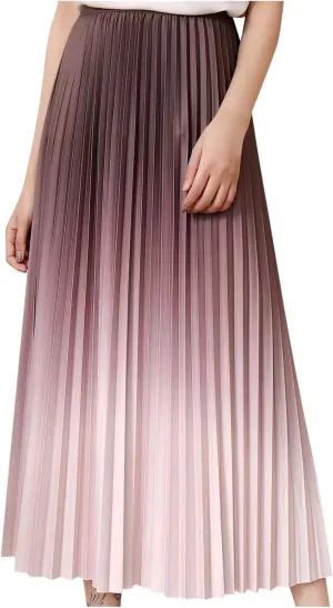 Womens Gradient Pleated Skirts A-Line Midi Skirts Trendy Casual High Elastic Waist Swing Skirt Slim A-Line Long Skirts