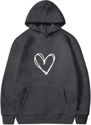 Womens Heart Print Hoodies Trendy Long Sleeve Love Graphic Sweatshirt Loose Casual Cute Fall Pullover Top with Pocket