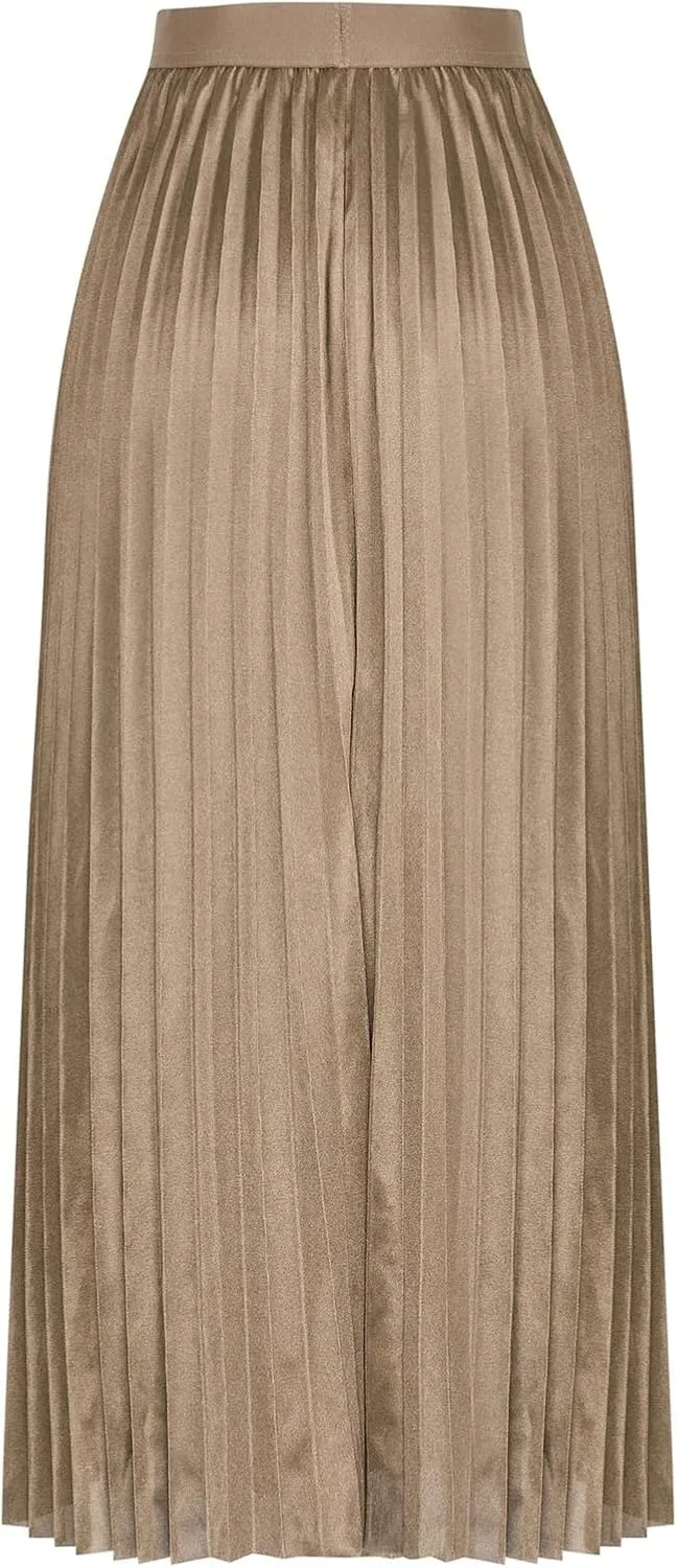 Women's High Waist Pleated A-Line Swing Skirt Solid Color Midi Long Shirring Skirts Summer Beach Flowy Skirt Dress
