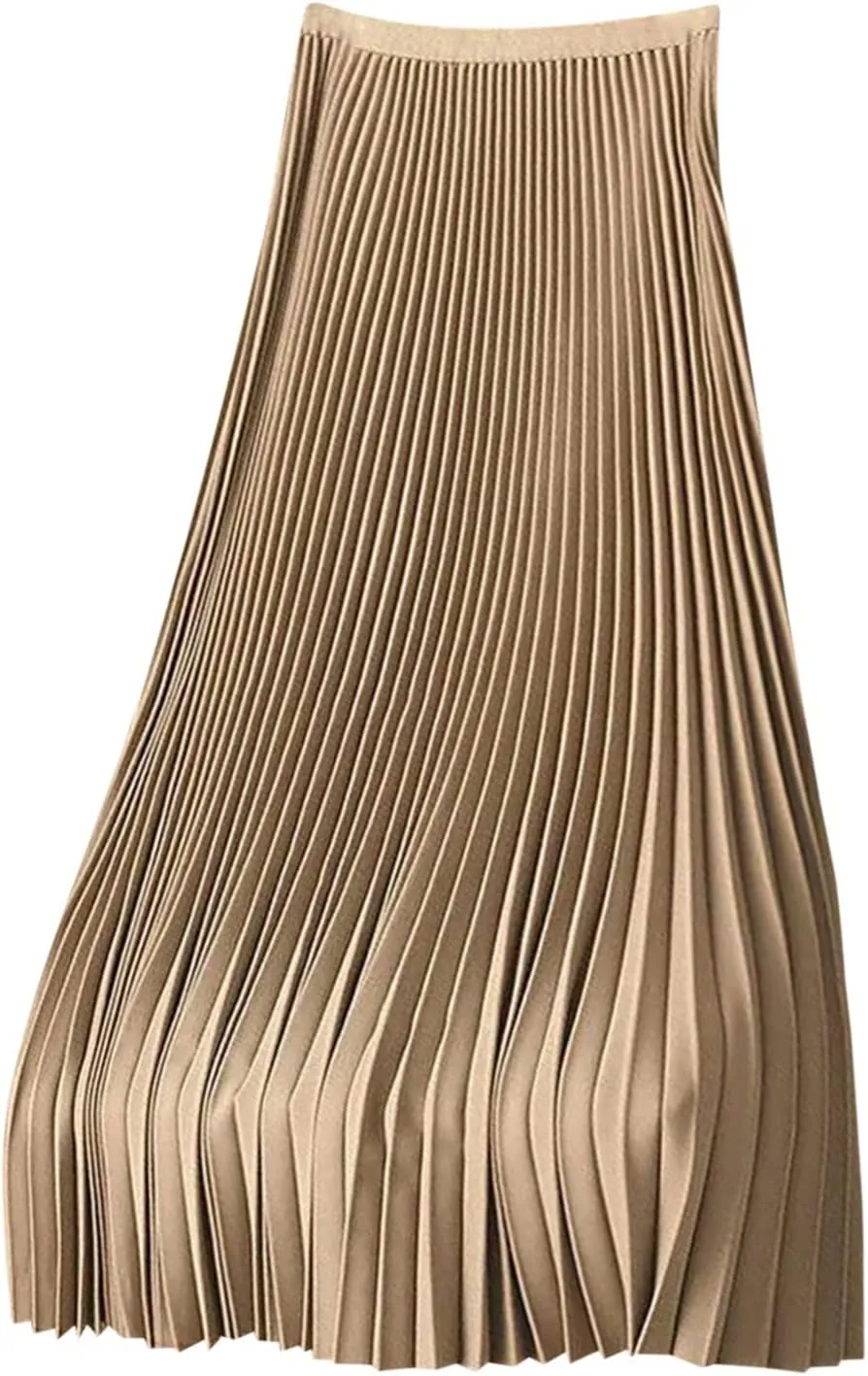 Women's High Waist Pleated A-Line Swing Skirt Solid Color Midi Long Shirring Skirts Summer Beach Flowy Skirt Dress