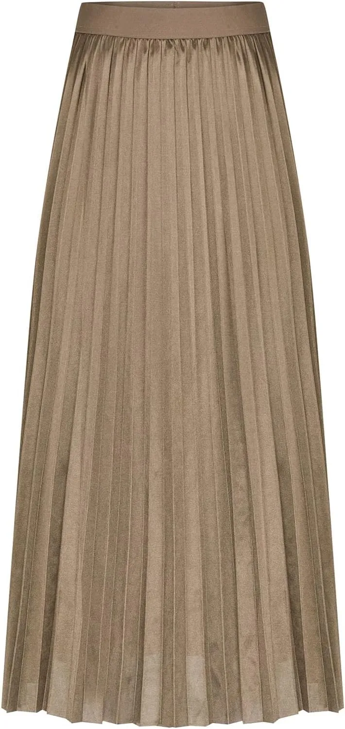 Women's High Waist Pleated A-Line Swing Skirt Solid Color Midi Long Shirring Skirts Summer Beach Flowy Skirt Dress