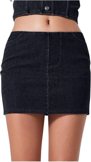 Women's High Waisted Denim Skort Solid Color Jeans Wrapped Shorts Side Pocket Cowboy Skorts Summer Bodycon Short