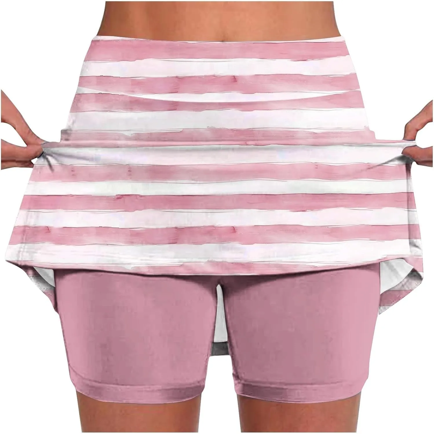 Women's High Waisted Tennis Skirts Striped Color Block Athletic Golf Skorts with Built in Shorts Workout Skirt