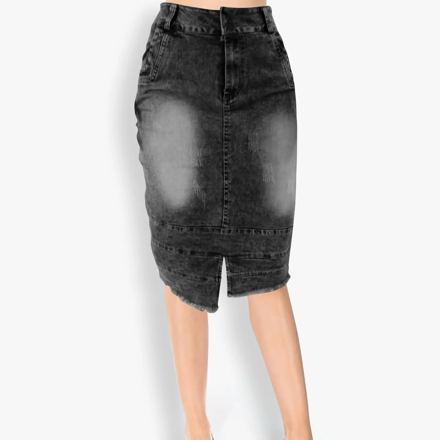 Women's Knee Length Jean Skirts Front Split Frayed Washed Denim Midi Skirts Bodycon High Waisted Dress with Pockets