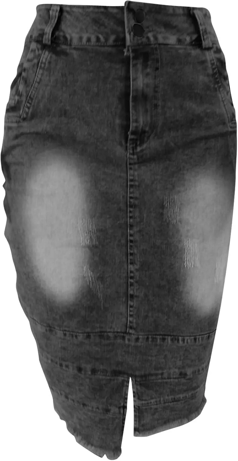 Women's Knee Length Jean Skirts Front Split Frayed Washed Denim Midi Skirts Bodycon High Waisted Dress with Pockets
