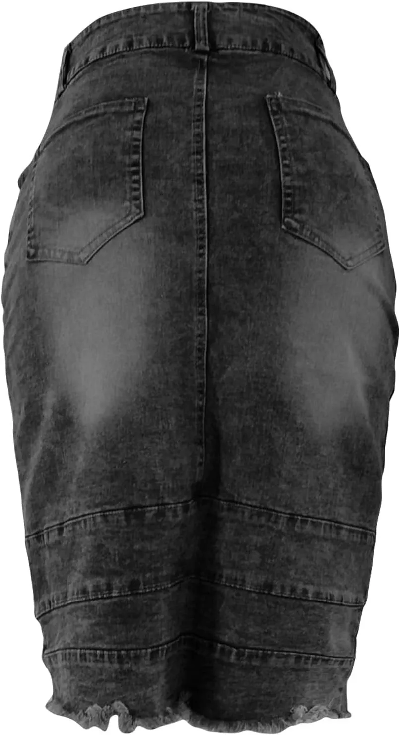 Women's Knee Length Jean Skirts Front Split Frayed Washed Denim Midi Skirts Bodycon High Waisted Dress with Pockets