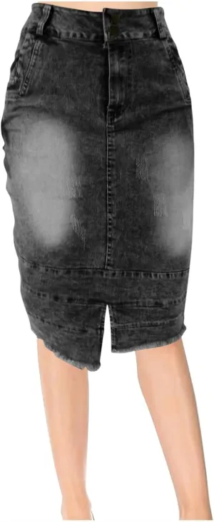Women's Knee Length Jean Skirts Front Split Frayed Washed Denim Midi Skirts Bodycon High Waisted Dress with Pockets