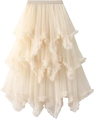 Women's Layered Tulle Long Skirt Solid Color Frill Trim Ruffle A-line Midi Skirt Summer Club Party Skirt