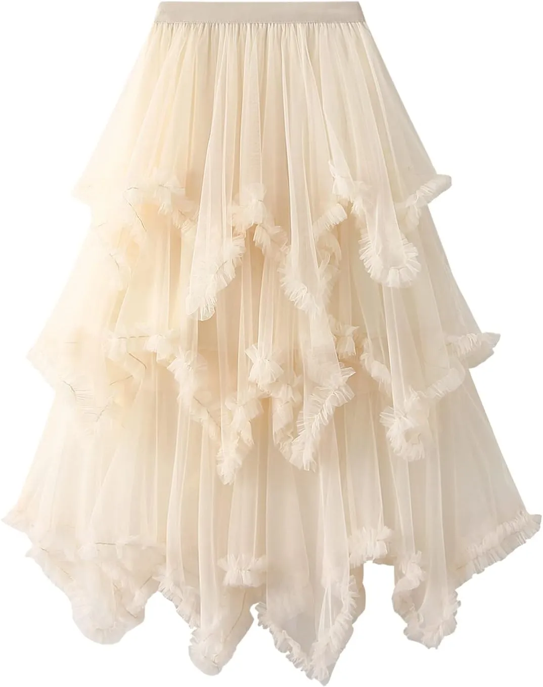 Women's Layered Tulle Long Skirt Solid Color Frill Trim Ruffle A-line Midi Skirt Summer Club Party Skirt