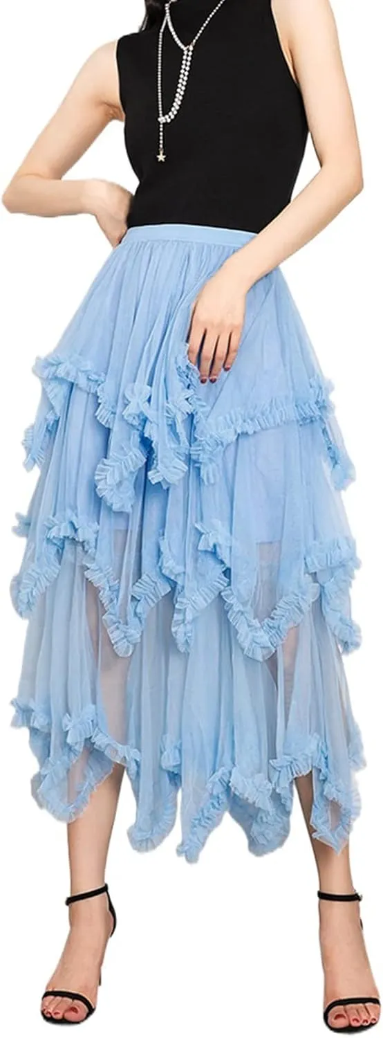 Women's Layered Tulle Long Skirt Solid Color Frill Trim Ruffle A-line Midi Skirt Summer Club Party Skirt