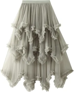 Women's Layered Tulle Long Skirt Solid Color Frill Trim Ruffle A-line Midi Skirt Summer Club Party Skirt