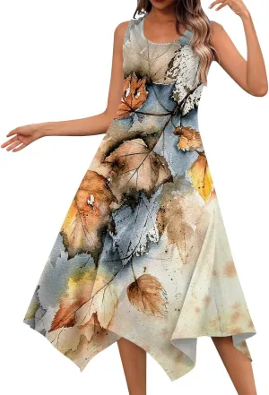 Women's Long Dresses Boho Sleeveless Dresses Summer Casual Loose Round Neck Swing Retro Print Irregular Dress