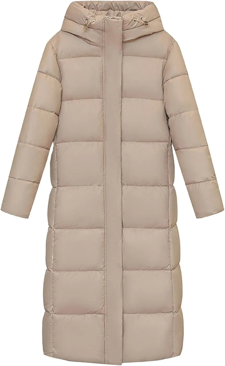 Women's Long Quilted Down Jacket Winter Thickened Hooded Zip Up Thermal Maxi Length Outwear Windproof Puffer Jackets