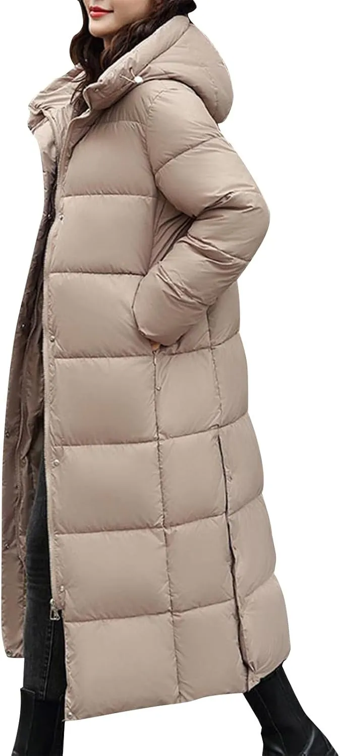 Women's Long Quilted Down Jacket Winter Thickened Hooded Zip Up Thermal Maxi Length Outwear Windproof Puffer Jackets