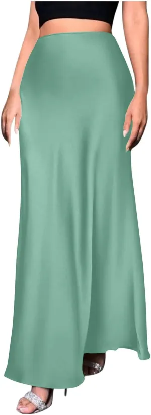 Women's Long Satin Skirt with Zipper High Waisted Flared Casual A Line Maxi Silk Skirts Party Wedding Dress