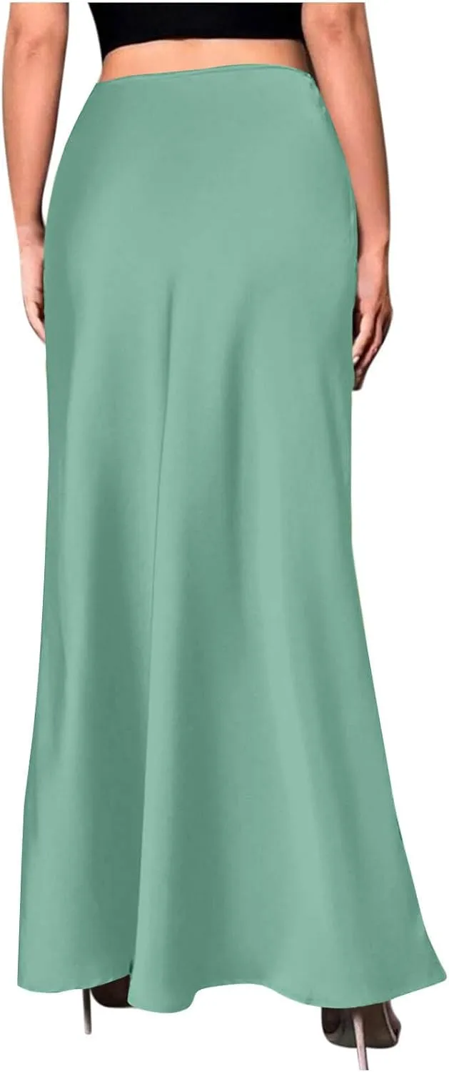 Women's Long Satin Skirt with Zipper High Waisted Flared Casual A Line Maxi Silk Skirts Party Wedding Dress