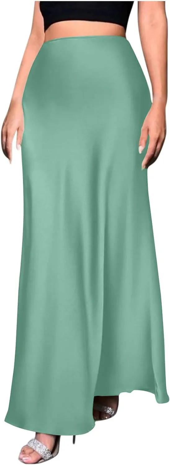 Women's Long Satin Skirt with Zipper High Waisted Flared Casual A Line Maxi Silk Skirts Party Wedding Dress