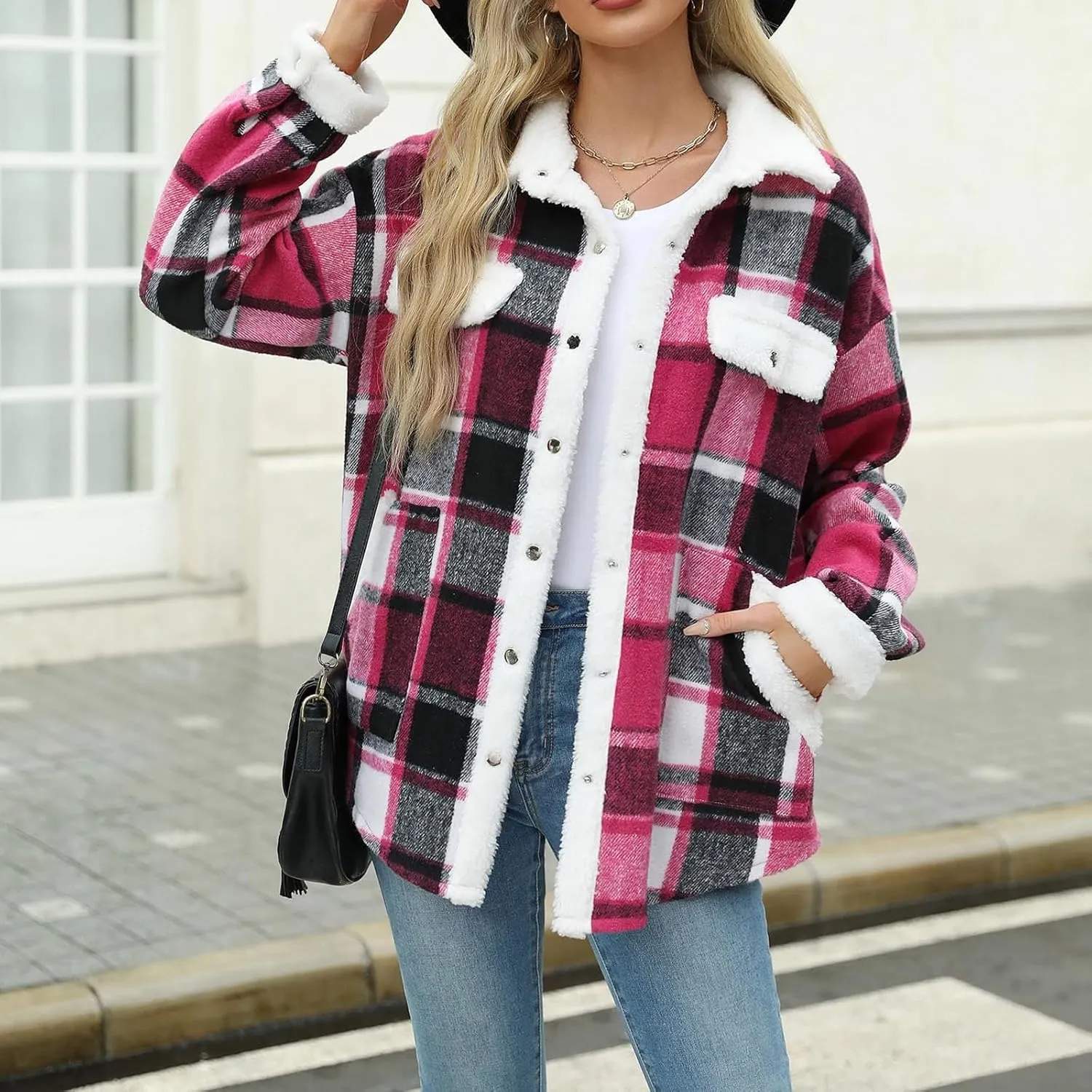 Womens Long Sleeve Plaid Jacket Flannel Lapel Button Down Fuzzy Shacket Jacket Casual Lapel Fleece Coats Fall Outfits