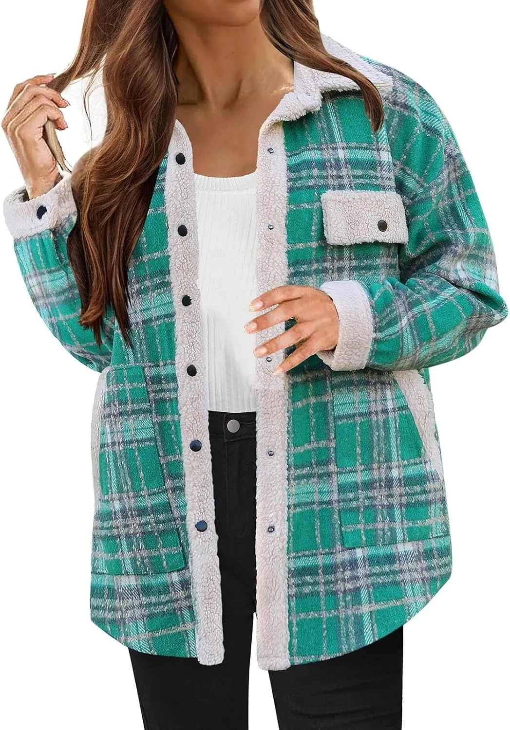 Womens Long Sleeve Plaid Jacket Flannel Lapel Button Down Fuzzy Shacket Jacket Casual Lapel Fleece Coats Fall Outfits