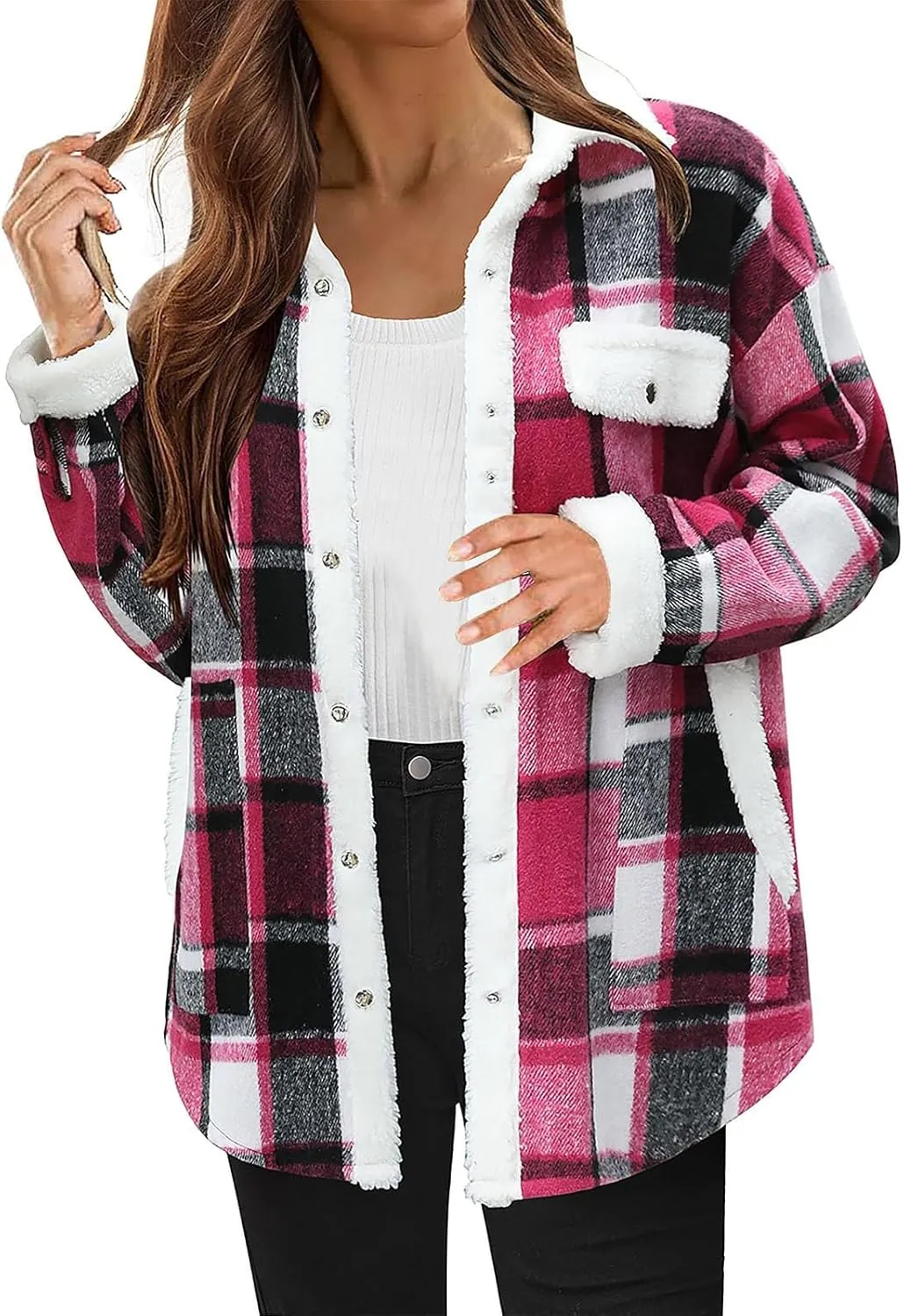 Womens Long Sleeve Plaid Jacket Flannel Lapel Button Down Fuzzy Shacket Jacket Casual Lapel Fleece Coats Fall Outfits