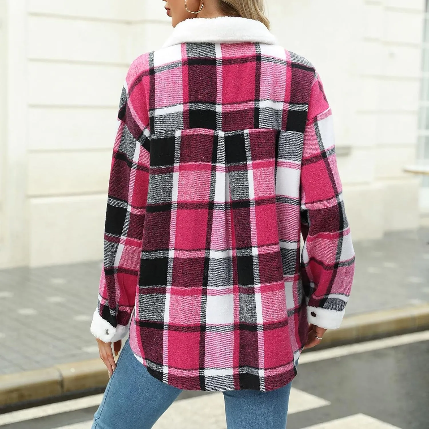 Womens Long Sleeve Plaid Jacket Flannel Lapel Button Down Fuzzy Shacket Jacket Casual Lapel Fleece Coats Fall Outfits