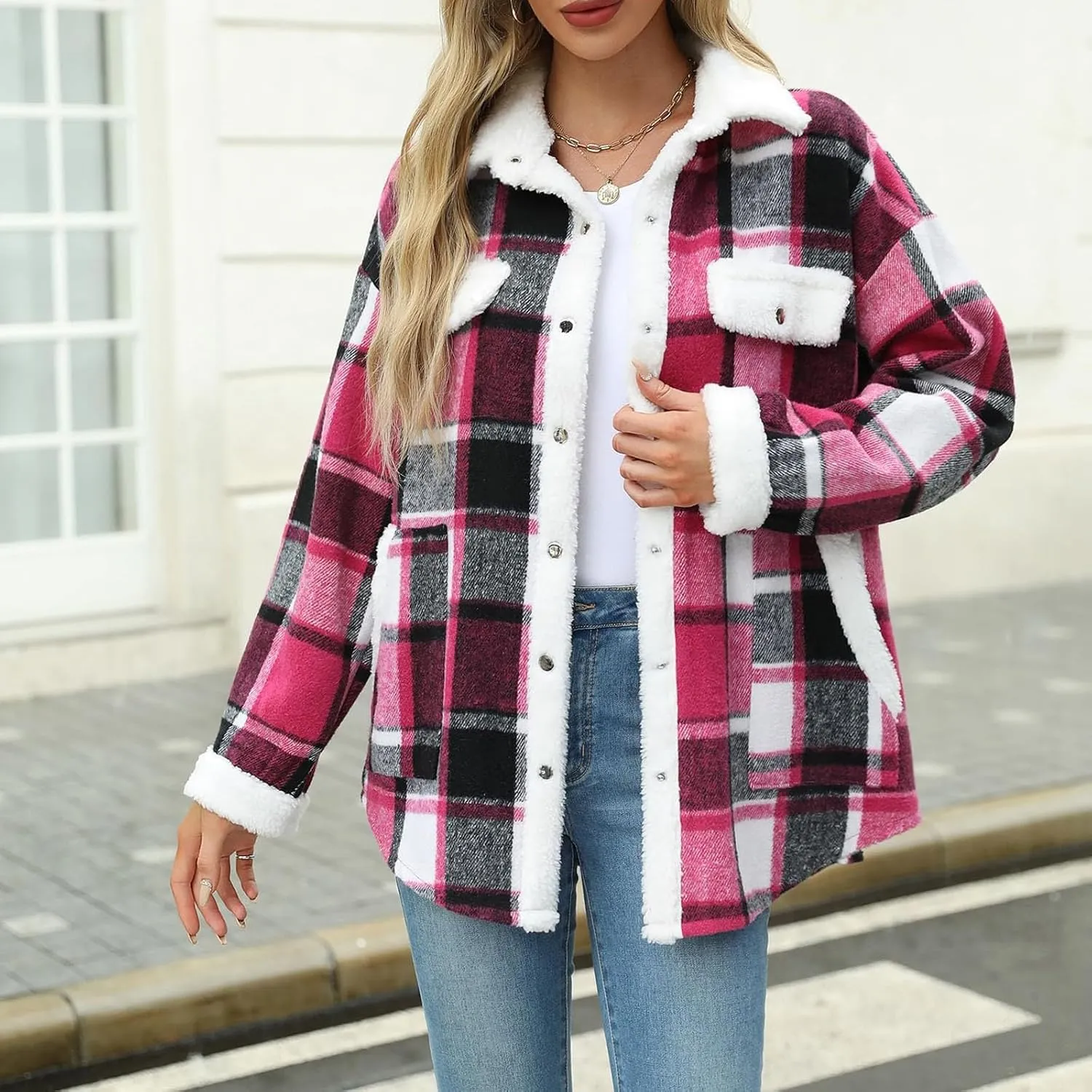 Womens Long Sleeve Plaid Jacket Flannel Lapel Button Down Fuzzy Shacket Jacket Casual Lapel Fleece Coats Fall Outfits
