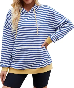 Womens Loose Striped Pullovers 2024 Fall Trendy Oversized Long Sleeve Hooded Sports Sweatshirt Casual Workout Hoodie