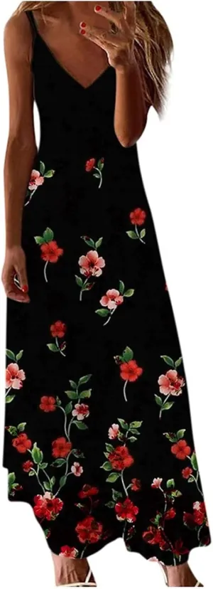 Womens Maxi Dress Lace Strap Sexy Sundresses V Neck Floral Dresses Cold Shoulder Short Sleeve Vacation Cami Dress