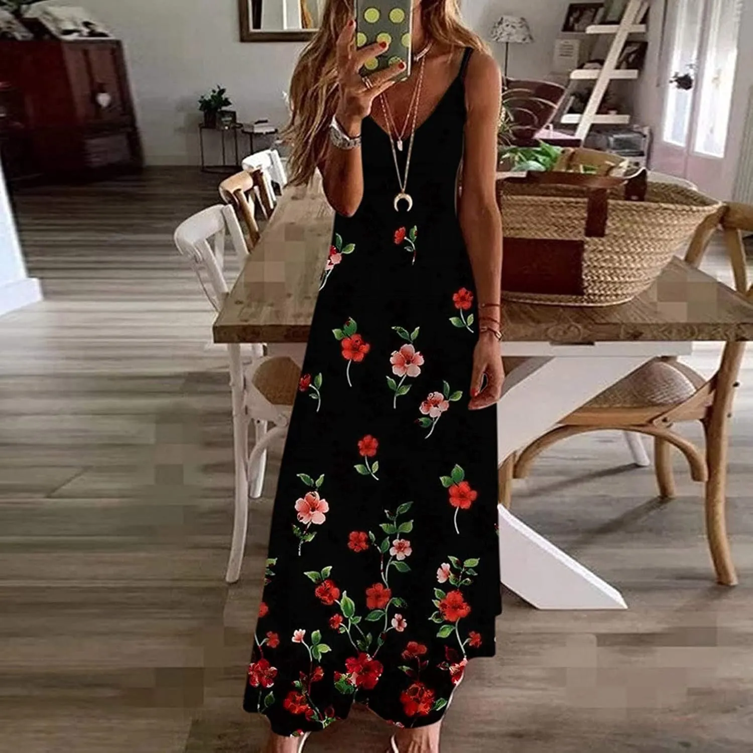 Womens Maxi Dress Lace Strap Sexy Sundresses V Neck Floral Dresses Cold Shoulder Short Sleeve Vacation Cami Dress