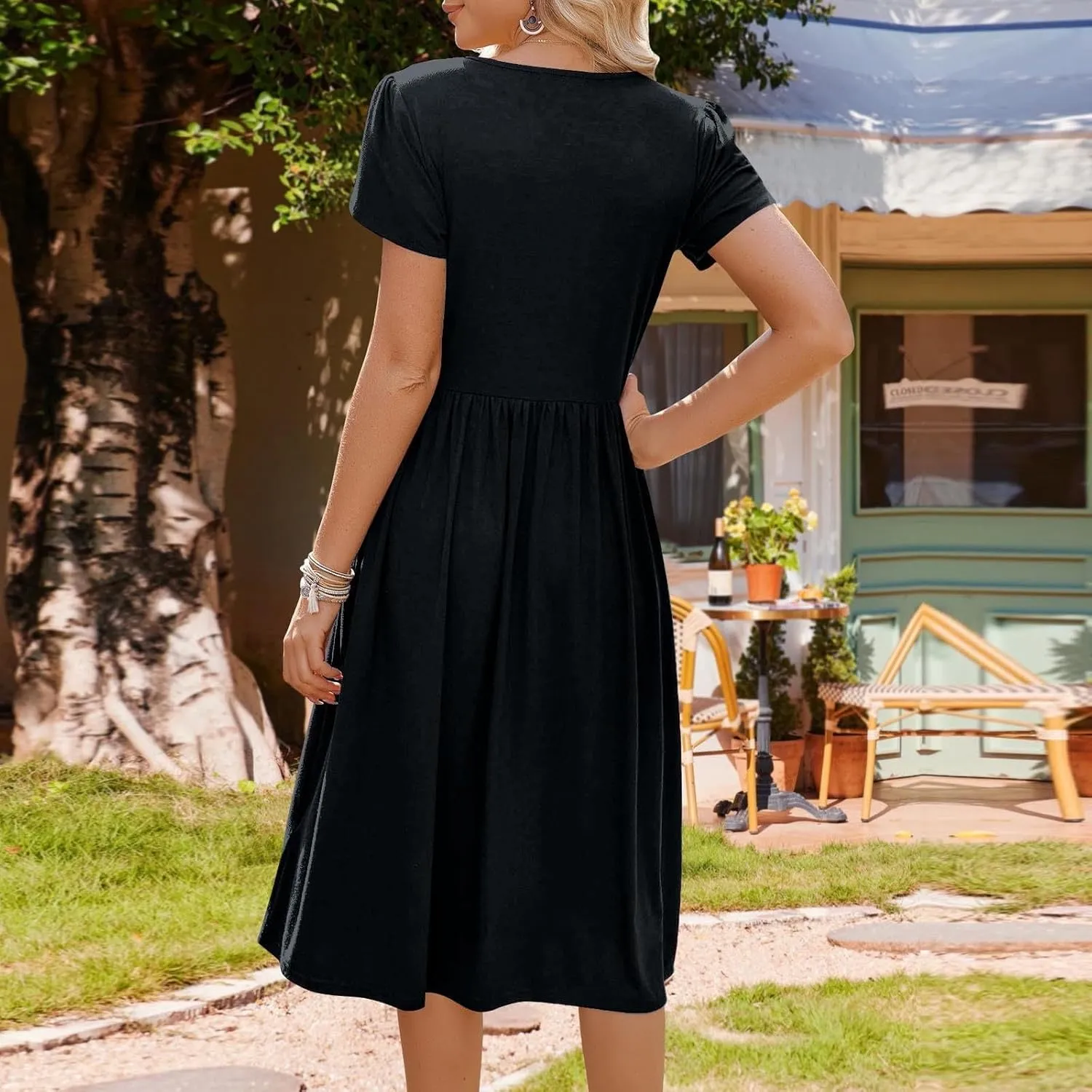 Womens Mini Dress Crewneck Short Sleeve T-Shirt Dresses Summer Casual Tunic Pleated Aline Swing Dress with Pockets