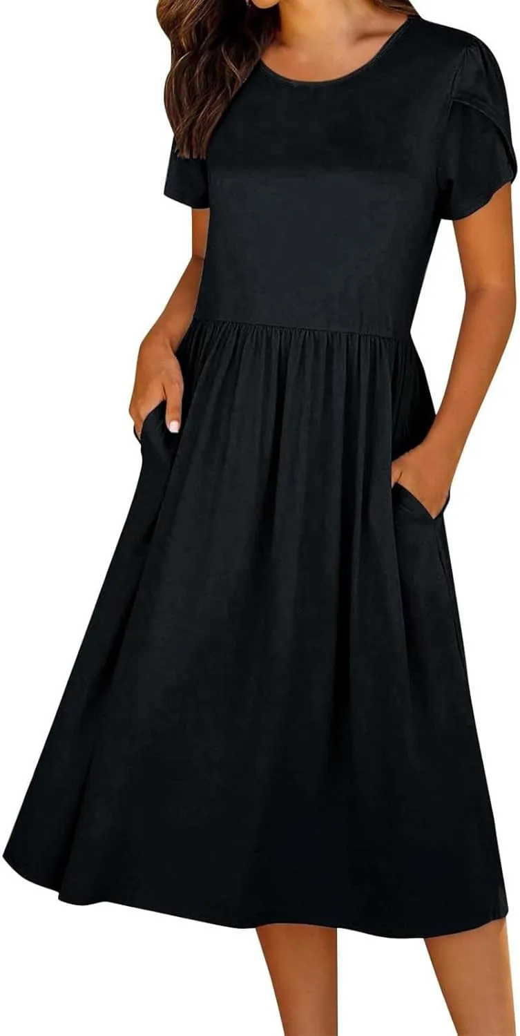 Womens Mini Dress Crewneck Short Sleeve T-Shirt Dresses Summer Casual Tunic Pleated Aline Swing Dress with Pockets
