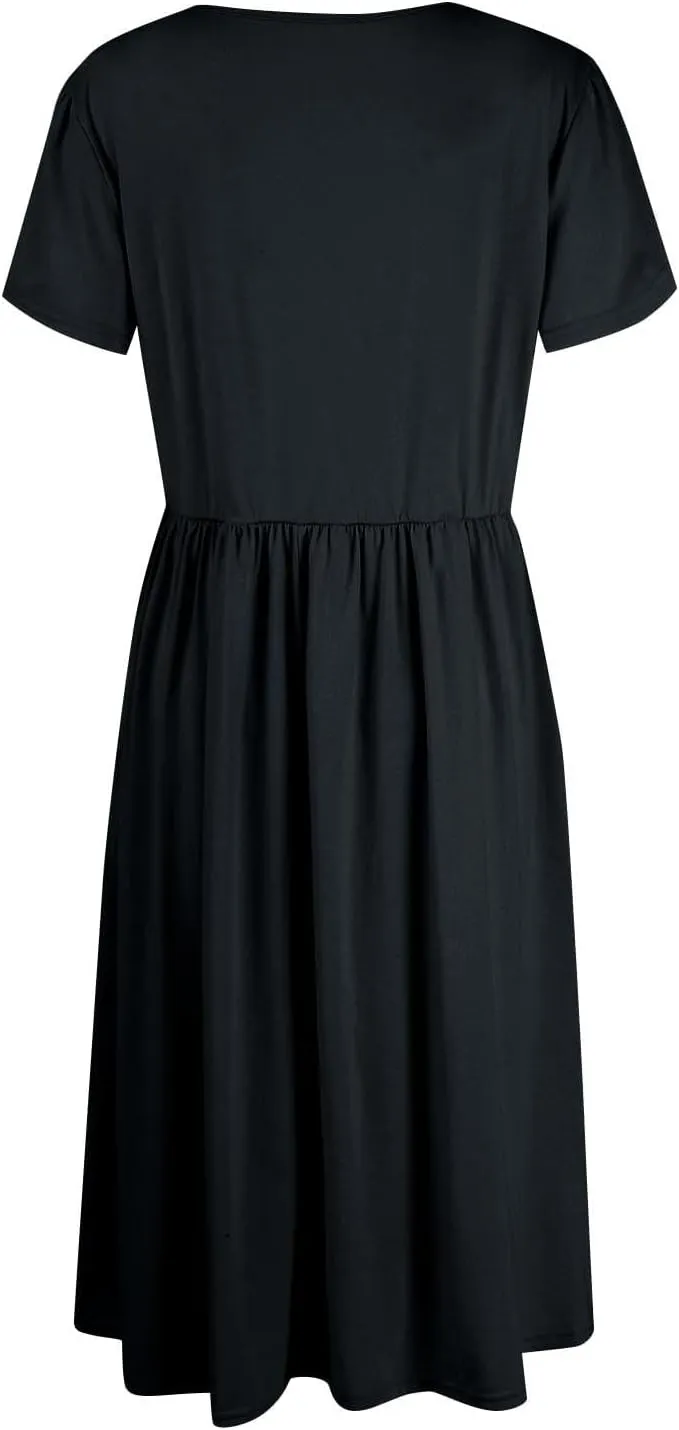 Womens Mini Dress Crewneck Short Sleeve T-Shirt Dresses Summer Casual Tunic Pleated Aline Swing Dress with Pockets