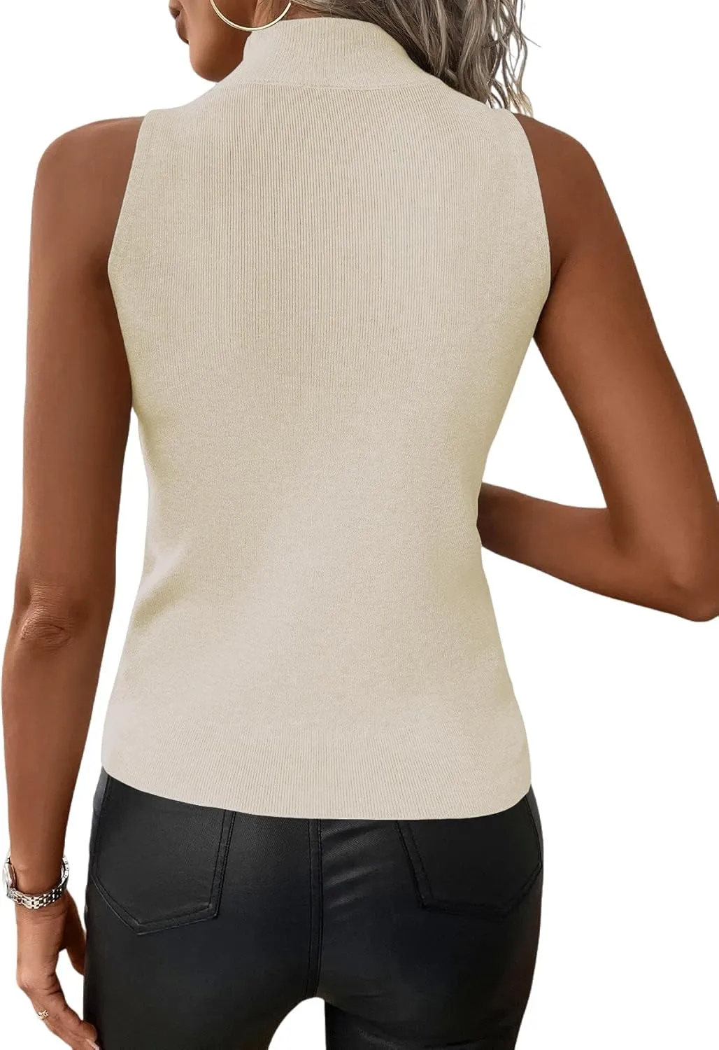 Women's Mock Turtle Neck Tank Tops Slim Fit Ribbed Knit Sleeveless Tops Casual Cami Vest Shirts