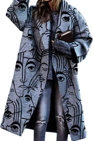 Womens Notch Lapel Single Breasted Color Block Printing Casual Long Sleeve Lapel Blazer Slim Mid Long Trench Coat Jacket