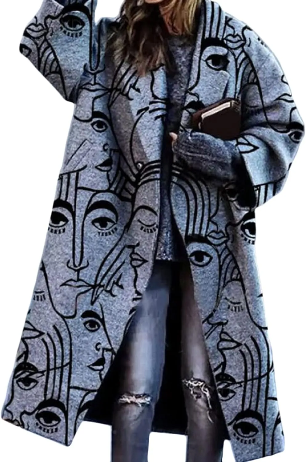 Womens Notch Lapel Single Breasted Color Block Printing Casual Long Sleeve Lapel Blazer Slim Mid Long Trench Coat Jacket